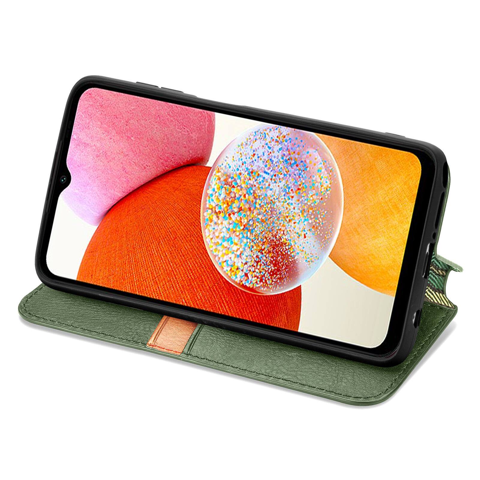Left. Dteck - Dteck Slim Flip Folio Wallet PU Leather Case for Samsung Galaxy A14 5G, Magnetic Credit Card Slot Kickstand Cover - Green.