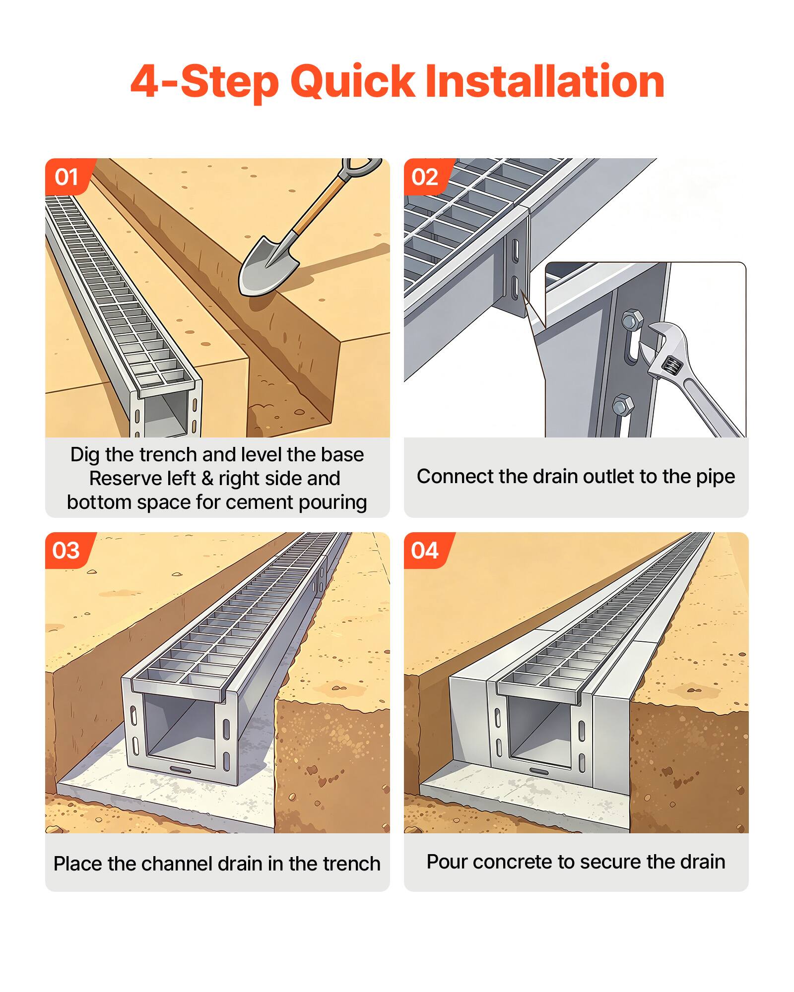 4-Step Quick Installation

01 Dig the trench and level the base. Reserve left & right side and bottom space for cement pouring.

02 Connect the drain outlet to the pipe.

03 Place the channel drain in the trench.

04 Pour concrete to secure the drain.