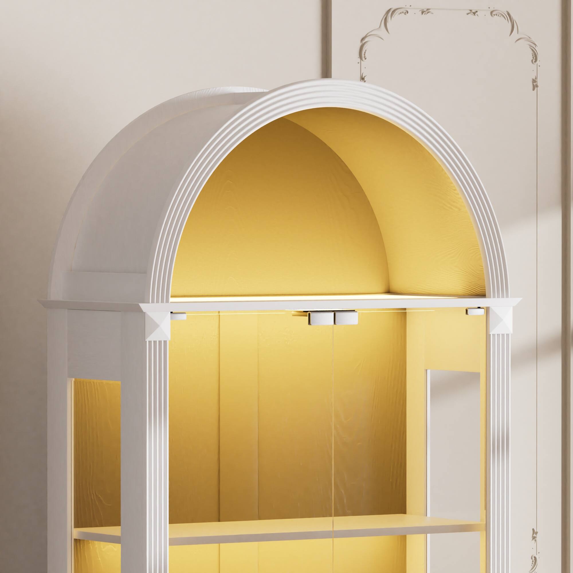 Alt View 8. Loheer - Loheer 70.9 Inch Arched Display Cabinet with Glass Doors and LED Lights, White Farmhouse Kitchen Storage Cabinet - White.