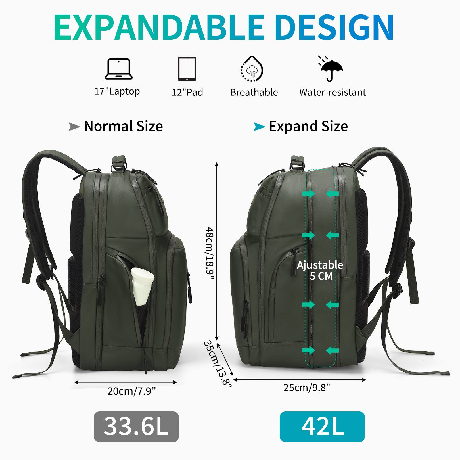 EXPANDABLE DESIGN

17" Laptop  
12" Pad  
Breathable  
Water-resistant  

Normal Size  
48cm/18.9"  
20cm/7.9"  
35cm/13.8"  
35cm/13.8"  
25cm/9.8"  

Expand Size  
Ajustable 5 CM  
33.6L  
42L
