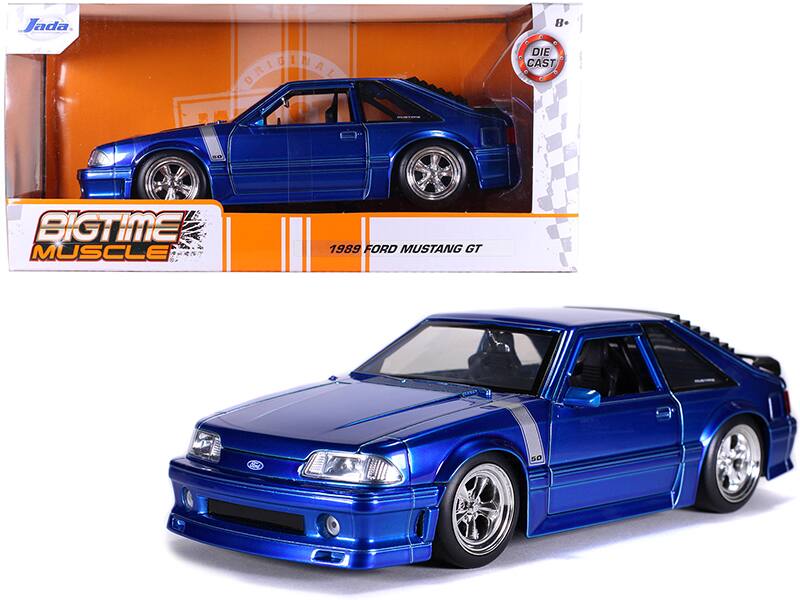 1989 Ford Mustang GT 5.0 Stripes "Bigtime Muscle" 1/24 Diecast Model Car by Jada - Candy Blue With Silver