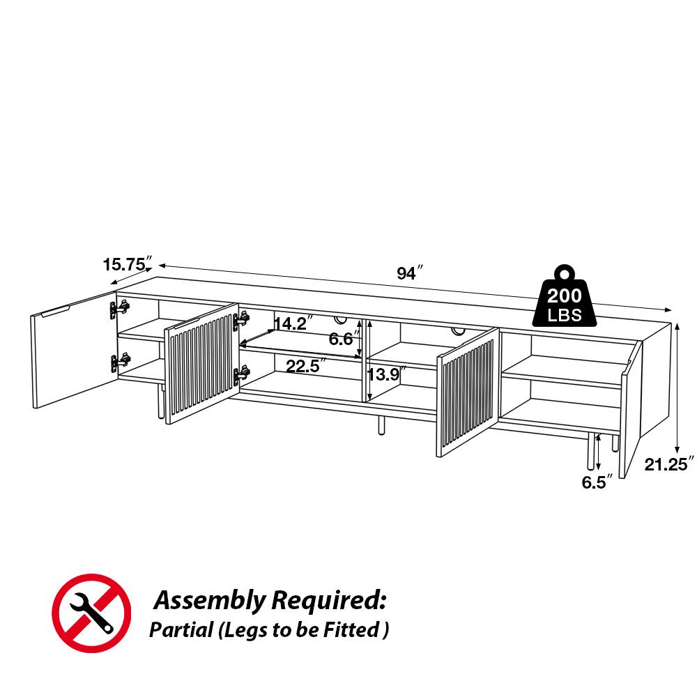 15.75" 14.2" 6.6" 22.5" 94" 3.9" 200 LBS 6.5" 21.25" Assembly Required: Partial (Legs to be Fitted)