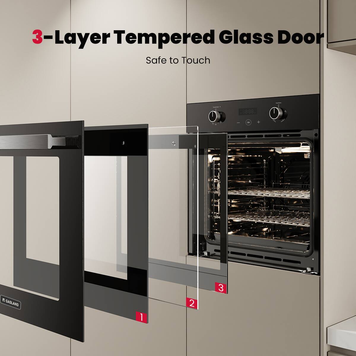 3-Layer Tempered Glass Door  
Safe to Touch  

1  
2  
3  

GASLAND