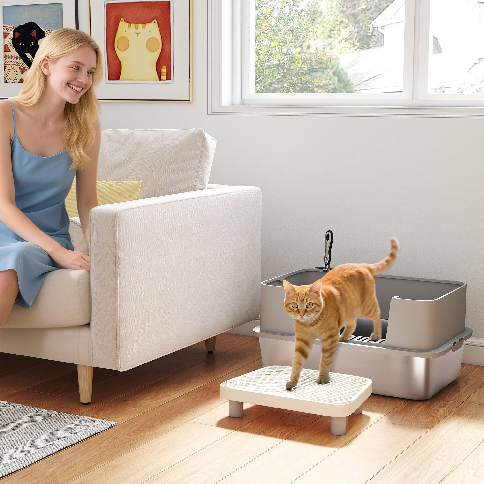 Angle. Pawhut - Stainless Steel Litter Box, Extra Large High Sided w/Scoop, Pedal, Anti-Urine Leakage, Non-Sticky, Easy Cleaning - Gray.