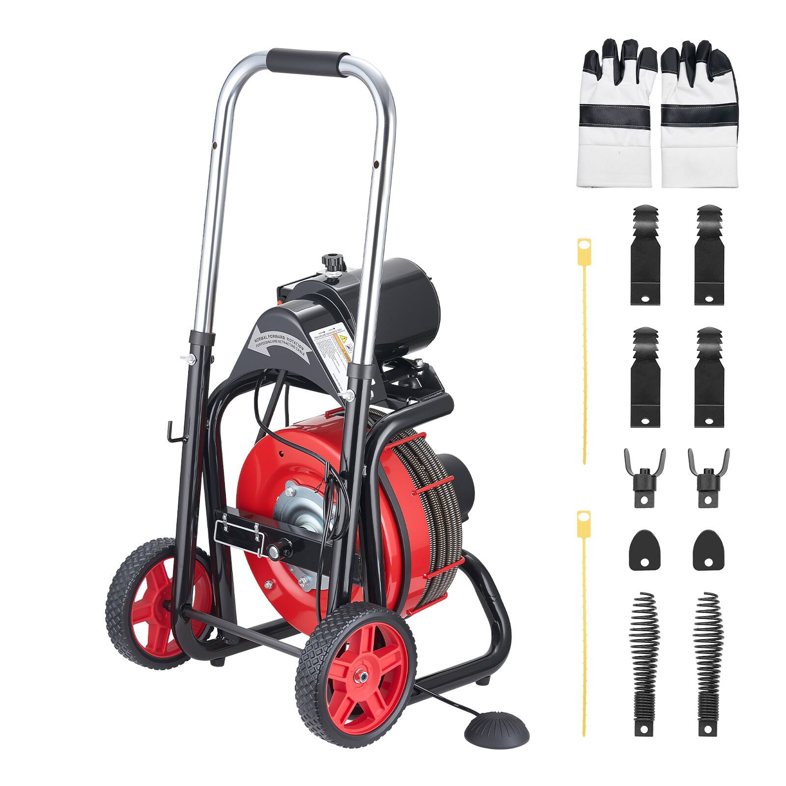 Alt View 5. VEVOR - Drain Cleaner Machine 100 FT x 1/2 Inch, Auto Feed Sewer Snake Auger on Wheels - with 8 Cutters & Air-Activated Foot - Black stand + red drum.