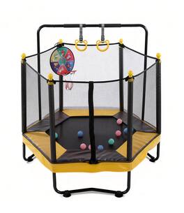 Ecooso - 54" Kids Trampoline w/ Enclosure, Adjustable Gym Bar, Basketball Hoop, Rings, Boxing Bag, Ages 1-8 - Brown+Yellow