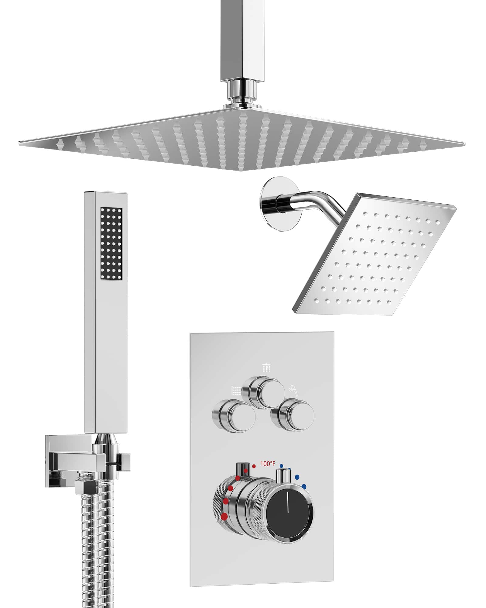 GRANDJOY - 12" Ceiling and 6" Wall Mount Rainfall Shower System with Handheld Sprayer for Modern Bathroom - Chrome