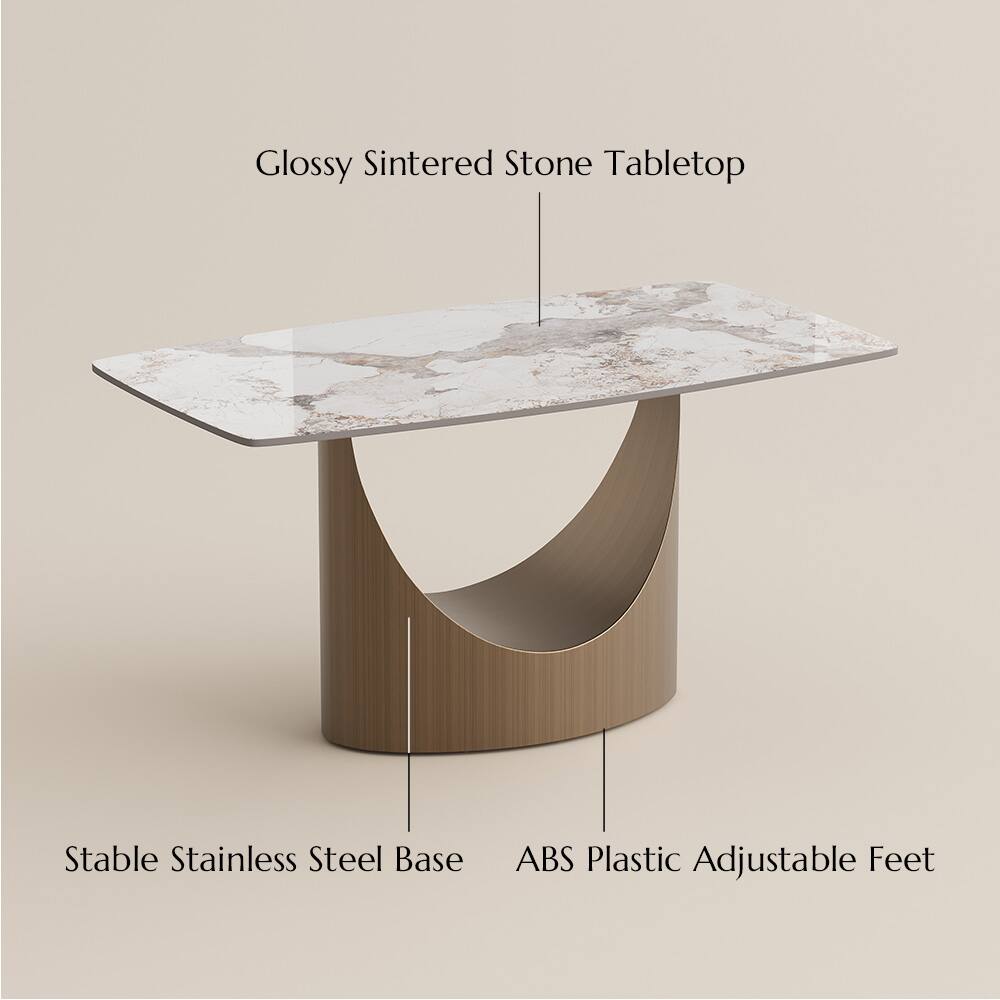 Glossy Sintered Stone Tabletop  
Stable Stainless Steel Base  
ABS Plastic Adjustable Feet