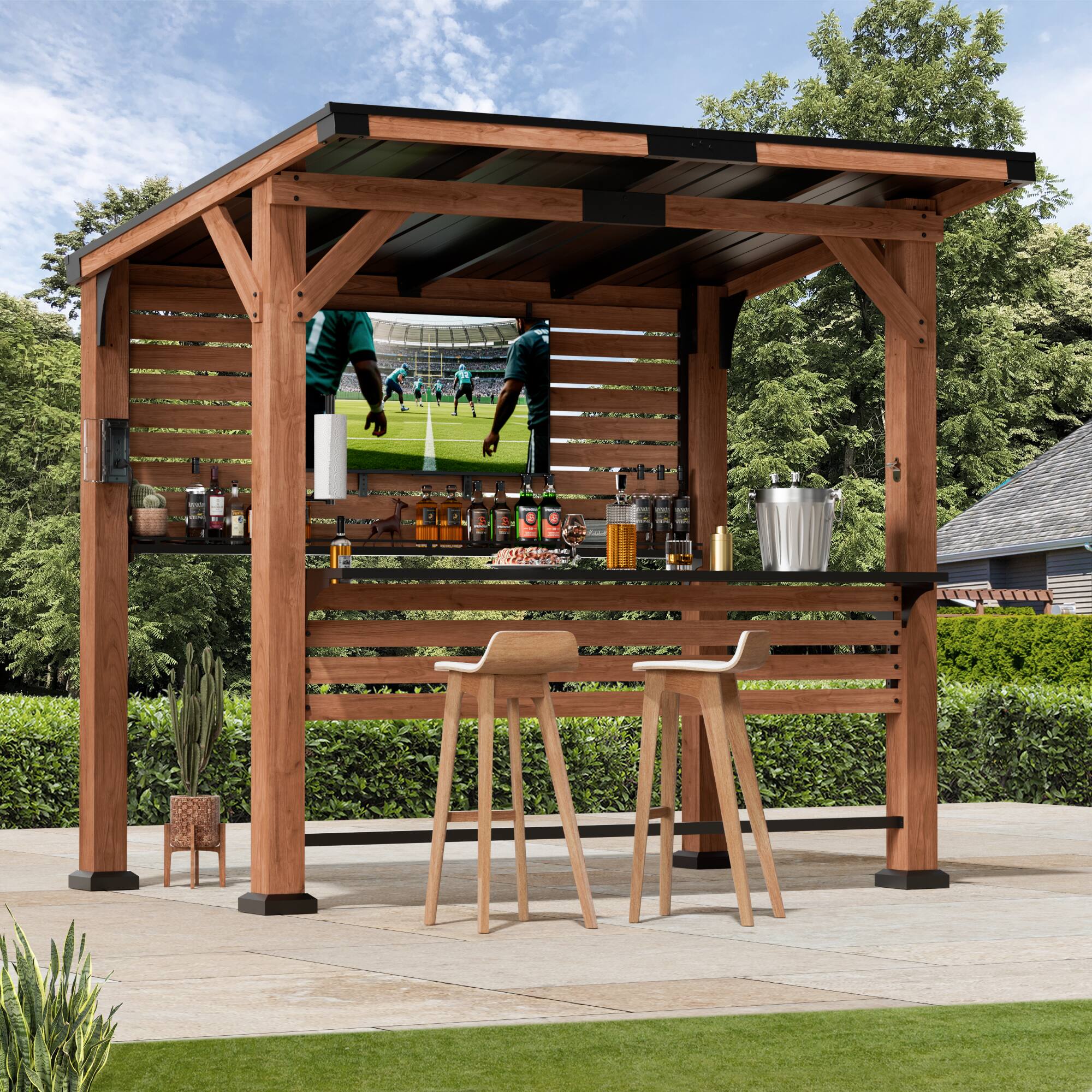 Front. Modern Shade Outdoor Living Spaces - Modern Shade The Aura Cedar Wood Entertainment Bar Center, TV Mount.
