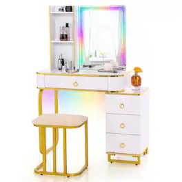 Costway - Vanity Table Set with RGB LED Lights Crystal Crush Diamond Mirror Drawers - White