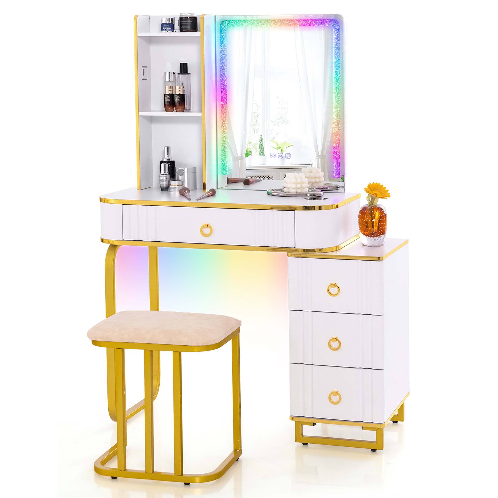 Front. Costway - Costway Vanity Table Set with RGB LED Lights Crystal Crush Diamond Mirror Drawers - White.