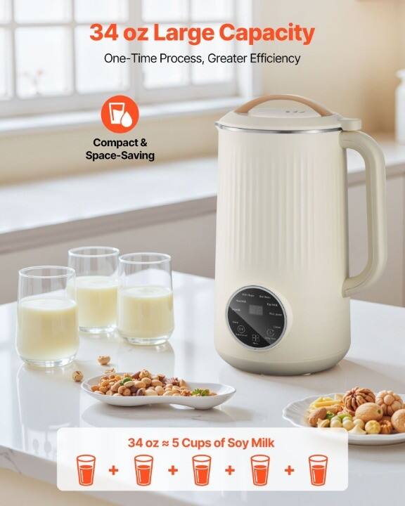 34 oz Large Capacity  
One-Time Process, Greater Efficiency  
Compact & Space-Saving  

34 oz ≈ 5 Cups of Soy Milk