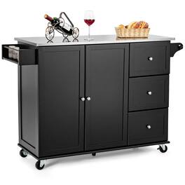 Costway - Kitchen Island 2-Door Storage Cabinet Stainless Steel Top w/ Drawers - Black