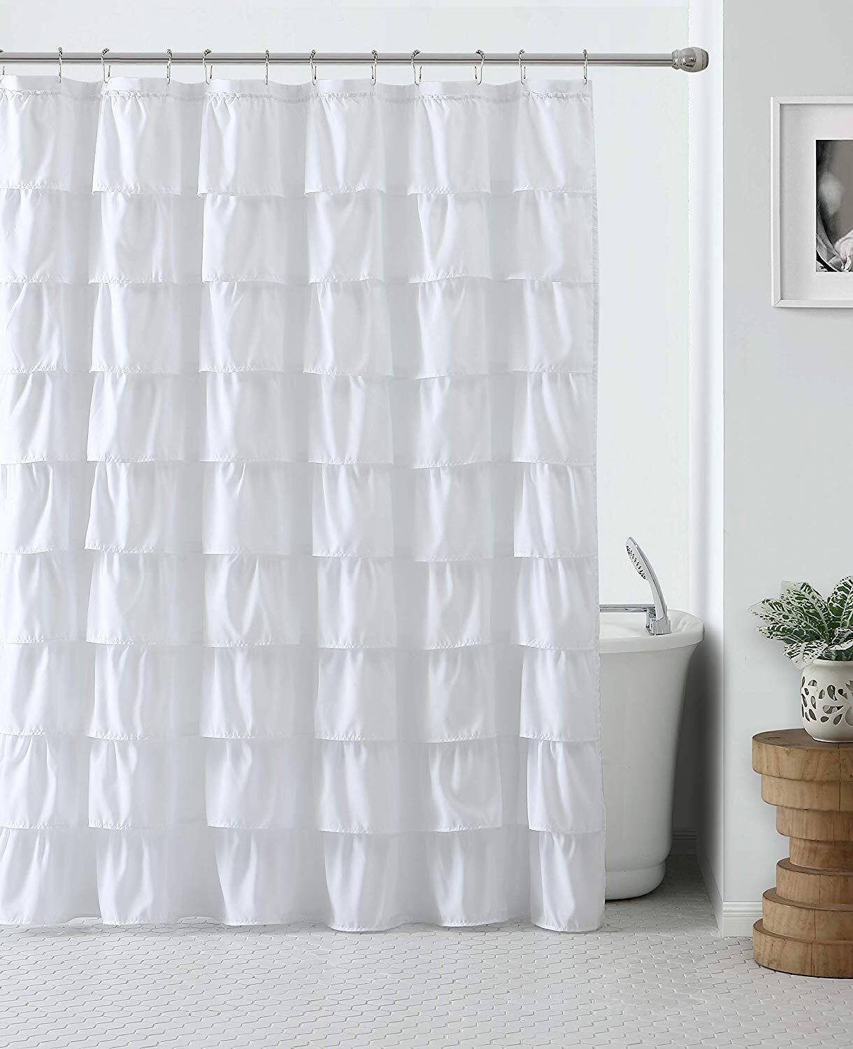Angle. Kate Aurora - Kate Aurora Shabby Chic Style White Crushed Ruffle Fabric Shower Curtain - Standard Size - White.