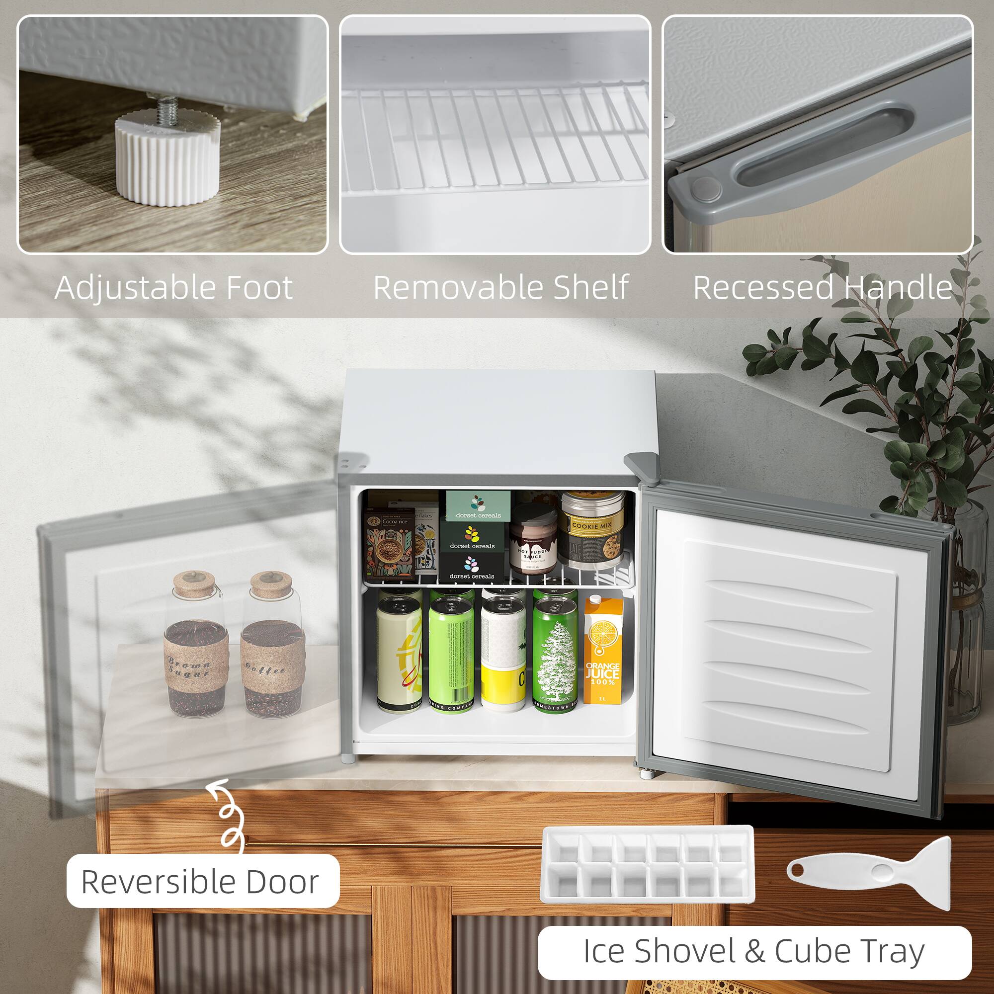 Adjustable Foot Removable Shelf Recessed Handle  
Reversible Door Ice Shovel & Cube Tray