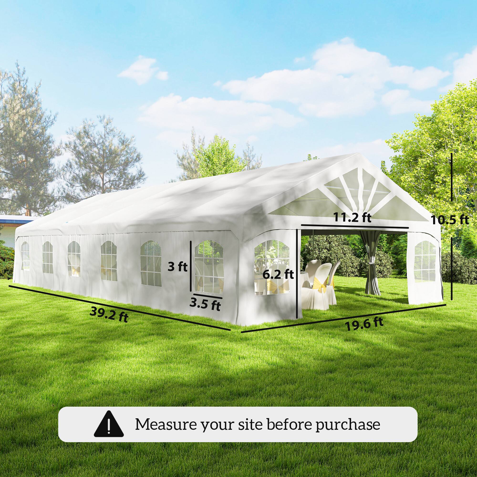 11.2 ft  
10.5 ft  
3 ft  
6.2 ft  
39.2 ft  
3.5 ft  
19.6 ft  

Measure your site before purchase