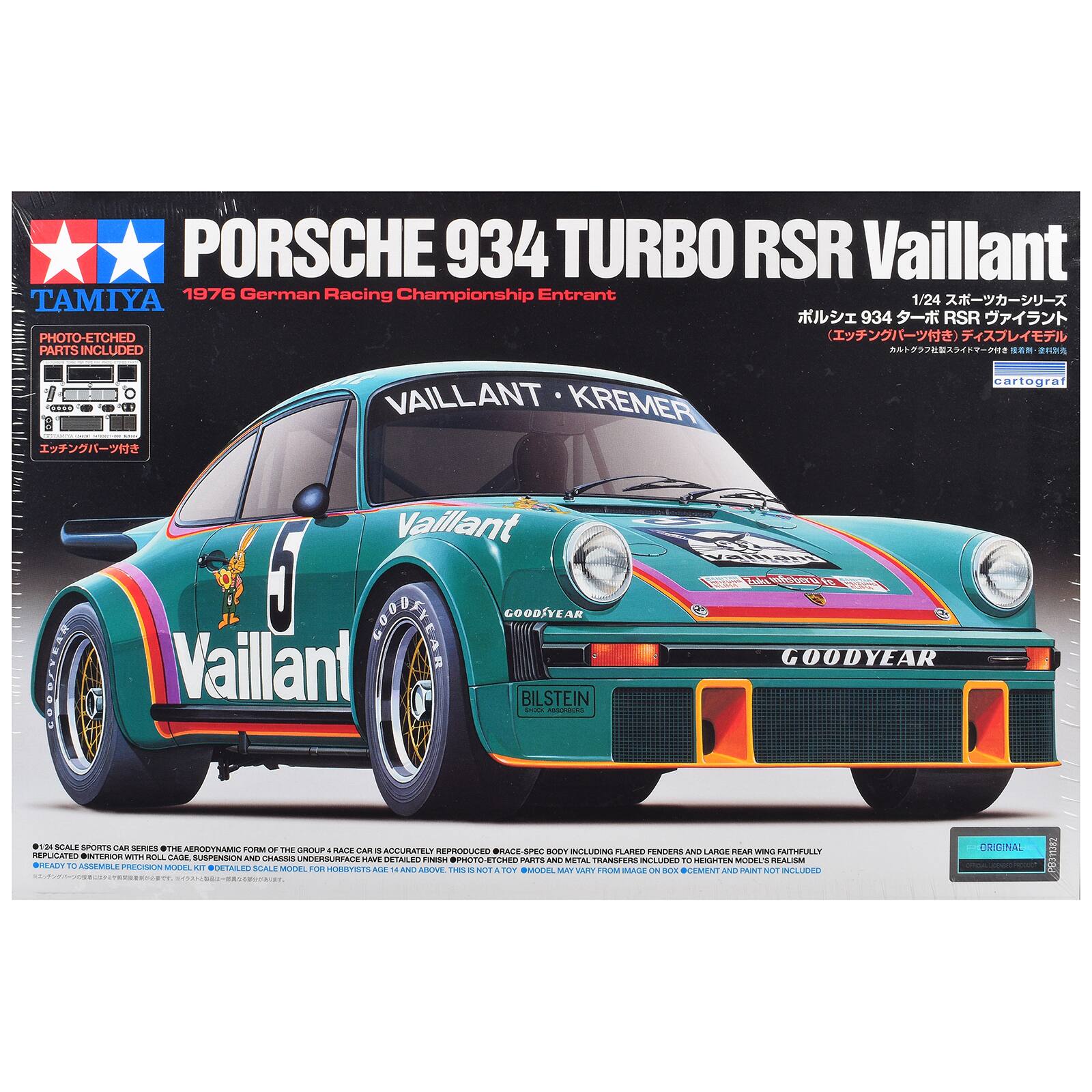 PORSCHE 934 TURBO RSR Vaillant 1976 German Racing Championship Entrant 1/24  
TAMIYA 934RSR PHOTO-ETCHED () PARTS INCLUDED  
cartograf!  
Vaillant KREMER  
Vaillant C GOODSYEAR  
Vaillant BILSTEIN SHOCK ABSORBERS  
Valliant Zuka misberu FC GOODYEAR  
24 SCALE SPORTS CAR SERIES OTHER AERODYNAMIC FORM OF THE GROUP 4 RACE CAR 8 ACCURATELY REPRODUCED BRACE-SPEC BODY INCLUDING FLARED FENDERS AND LARGE REAR WING FAITHFULLY REPLICATED INTERIOR WITH ROLL CAGE, SUSPENSION AND CHASSIS UNDERSURFACE HAVE DETAILED FINISH OPHOTO-ETCHED PARTS AND METAL TRANSFERS INCLUDED TO HEIGHTEN MODEL'S REALISM READY TO ASSEMBLE PRECISION MODEL KIT DETAILED SCALE MODEL FOR HOBBYISTS AGE 14 AND ABOVE THIS IS NOT A TOY MODEL MAY VARY FROM IMAGE ON BOX CEMENT AND PAINT NOT INCLUDED  
ORIGINAL  
PB31138