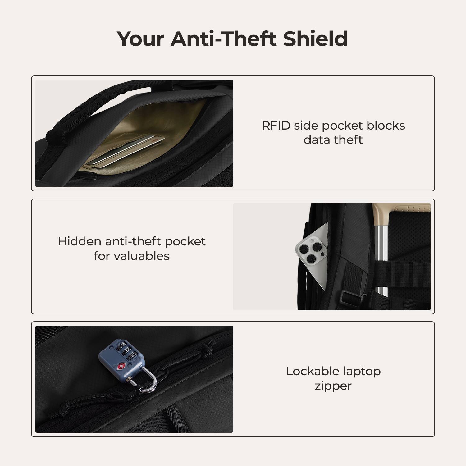 Your Anti-Theft Shield

RFID side pocket blocks data theft

Hidden anti-theft pocket for valuables

Lockable laptop zipper