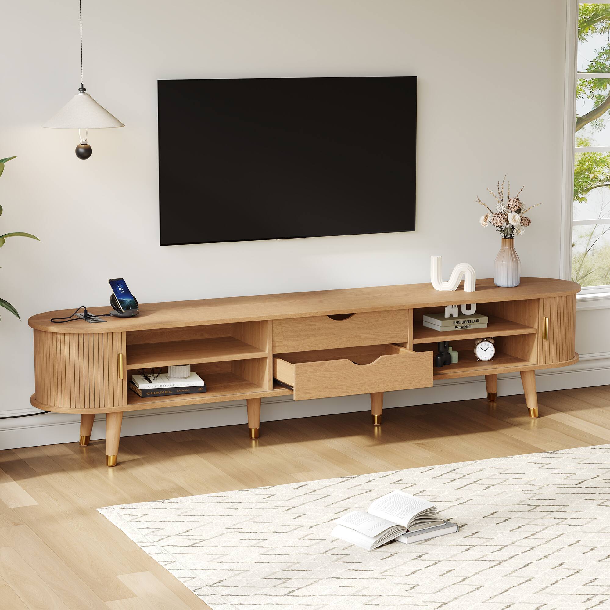 Left. TinyHomie - Wooden Oval Fluted TV Stand with Charging Station for TV up to 80in Mid-Century Media Console with Sliding Tambour Door - Natural.