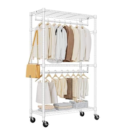 Hirose Alice - Garment Rack Clothing Rolling Clothes heavy duty tiers adjustable wire shelving with and side hooks storage - White-3 Tier with 2 rod, 15.7"D x 29.5"W x 74.5"H