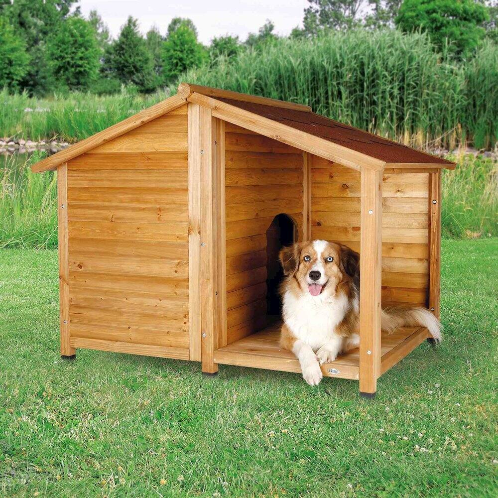 Angle. TRIXIE - Natura Lodge Elevated Weatherproof Wooden Outdoor Dog House - Brown.