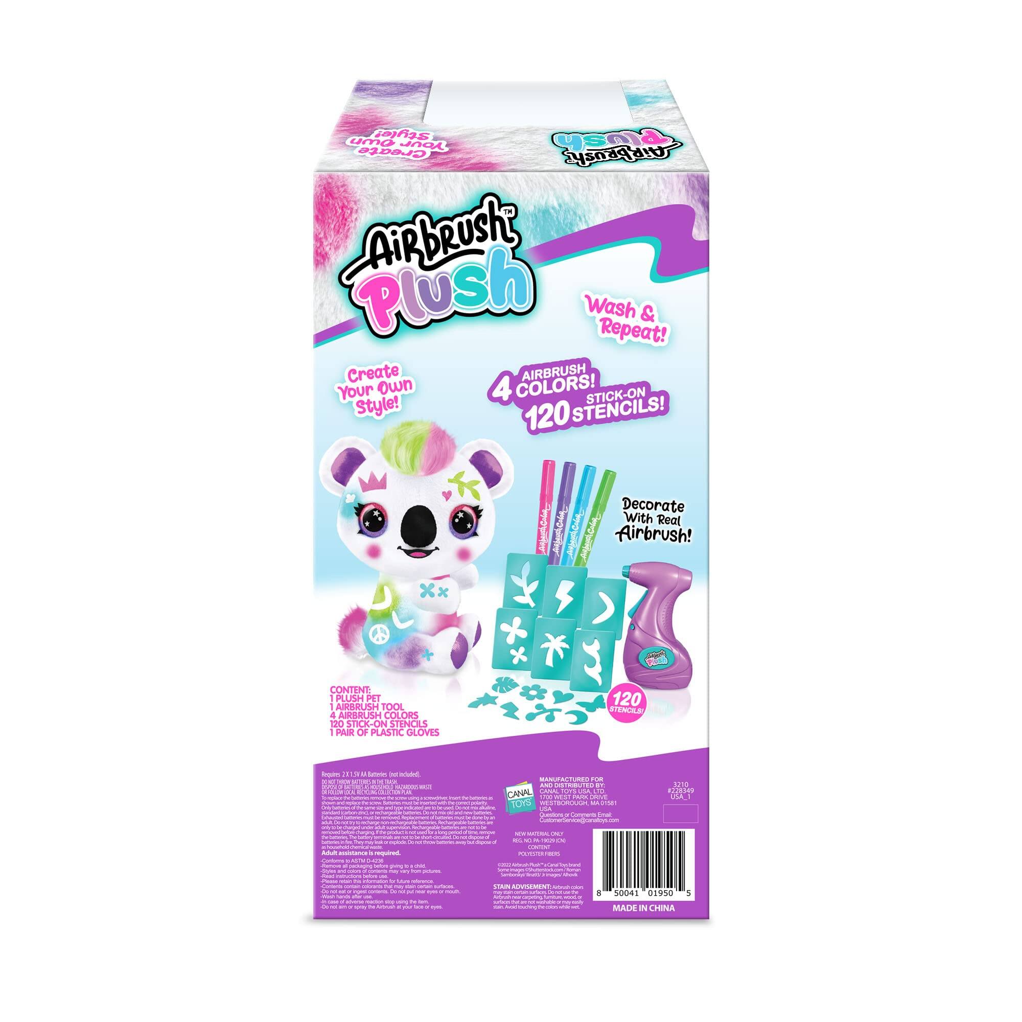 Style USO umo Aon Create Airbrush Plush Wash Repeat! & Create AIRBRUSH Your Own 4 COLORS! STICK-ON Style! 120 STENCILS! ow Decorate With Real Airbrush! CONTINT - PLUSH PET 1 AMBR TOOL 4 AIRBRUSH COLORS 120 STICK-ON STENCILS PAN 10 PLASTIC GLOVES 120 STENCILS depape 1 11 S - S - 1 : S - - AN o - -  CANAL - PURE Fabrs TOYS aaman   LTR  DAE - - - - pdres  - L C - 19005 09950 MADE , CPENA 1