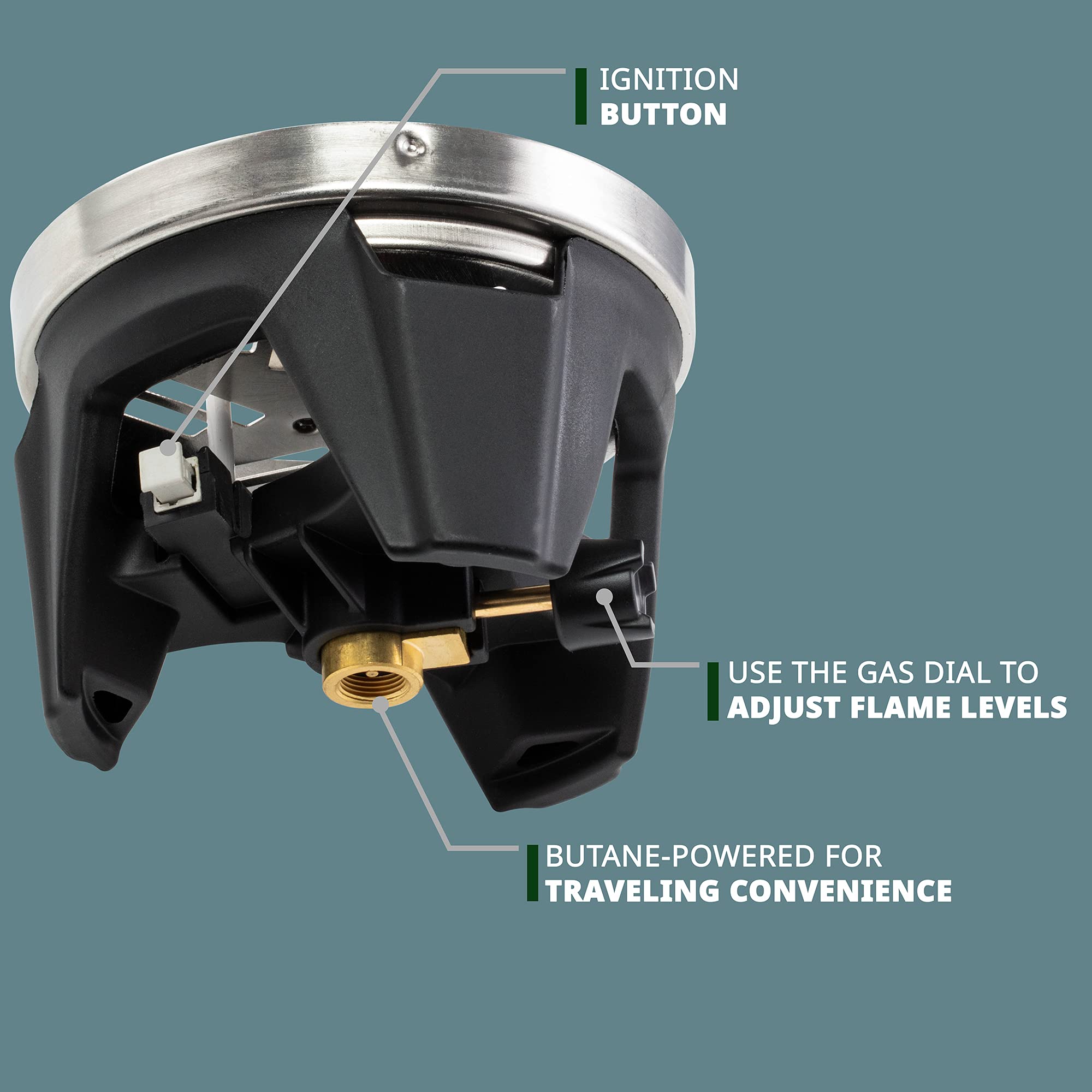 IGNITION BUTTON, USE THE GAS DIAL TO ADJUST FLAME LEVELS, BUTANE-POWERED FOR TRAVELING CONVENIENCE