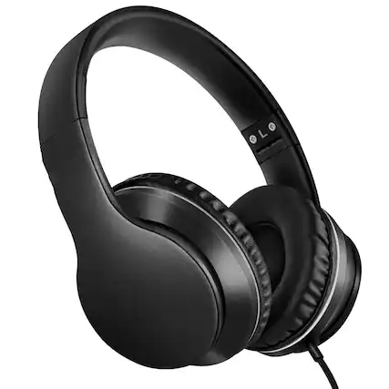 Front. GlowWise - Over-Ear Wired Bass Headphones with Mic, Lightweight Foldable, Tangle-Free Cable for Phone/Tablet/PC - Space Black - Space Black.