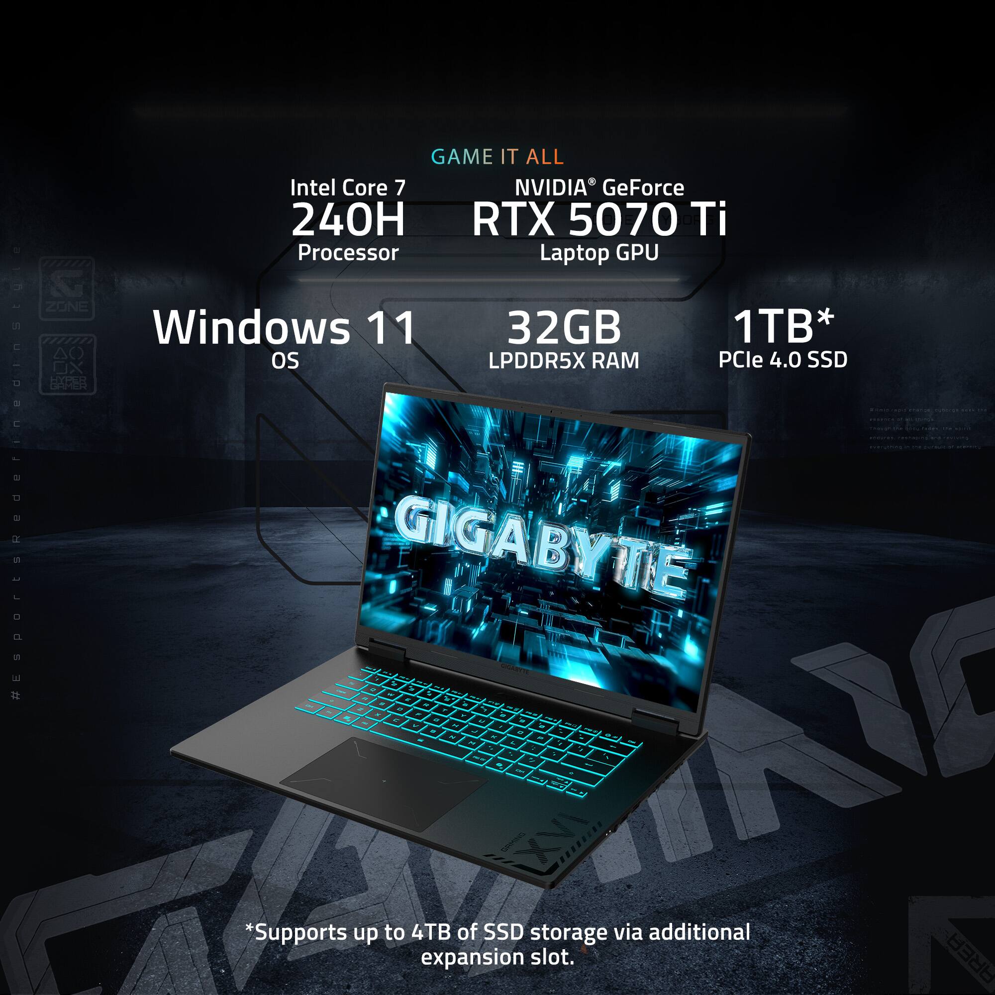E - GAME IT ALL  
Intel Core 7 240H Processor  
NVIDIA® GeForce RTX 5070 Ti Laptop GPU  
Windows 11 OS  
32GB LPDDR5X RAM  
1TB* PCIe 4.0 SSD  
*Supports up to 4TB of SSD storage via additional expansion slot.