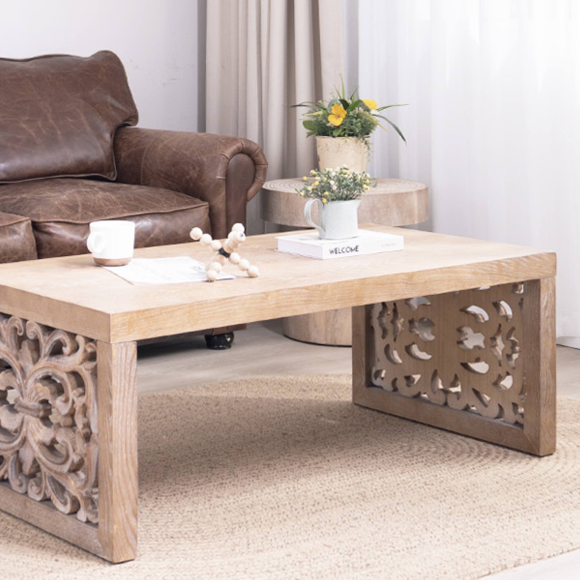 Alt View 6. GOODSILO - Handcrafted Rustic Wood Coffee Table with Ornate Side Panels and Natural Finish - Natural.