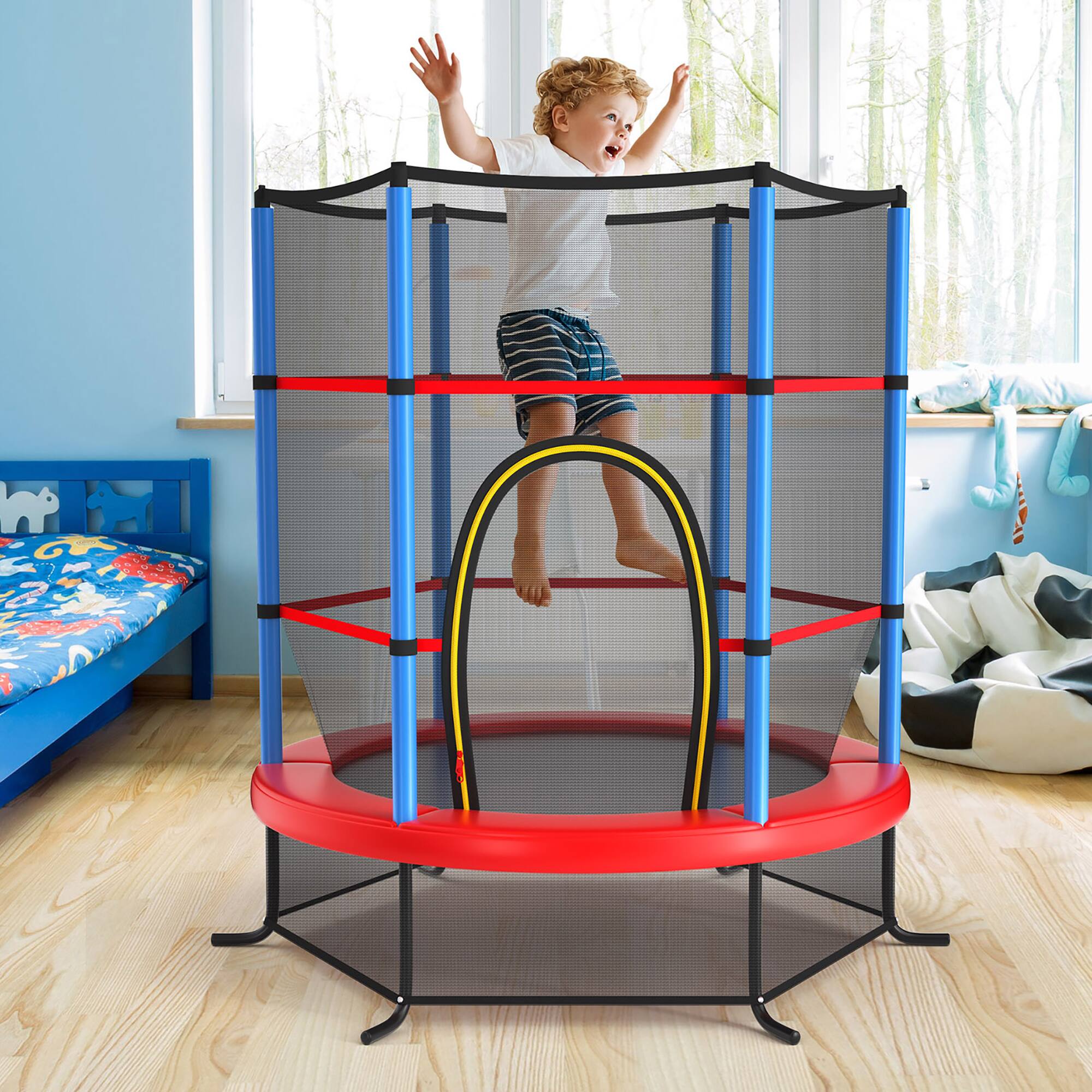 Alt View 2. Costway - Costway 55" Kids Trampoline Bouncing Jumping Mat Recreational Trampoline W/Enclosure Net - Red+Blue.
