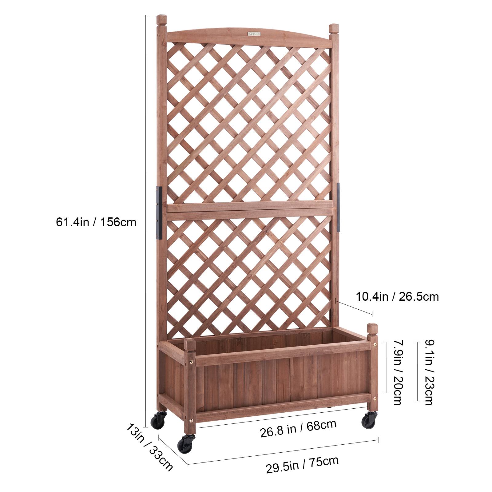 61.4in / 156cm, 13in / 33cm, 26.8 in / 68cm, 29.5in / 75cm, 10.4in / 26.5cm, 7.9in / 20cm, 9.1in / 23cm