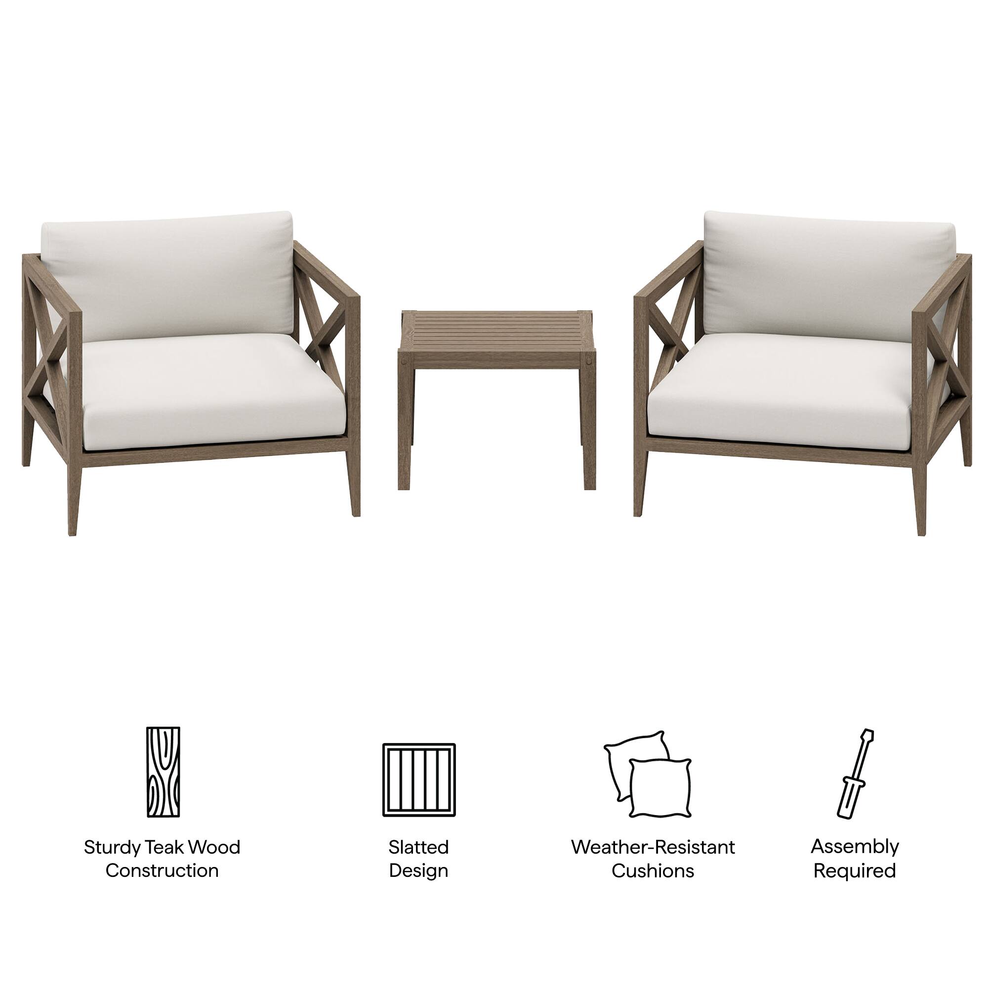 Sturdy Teak Wood Construction  
Slatted Design  
Weather-Resistant Cushions  
Assembly Required