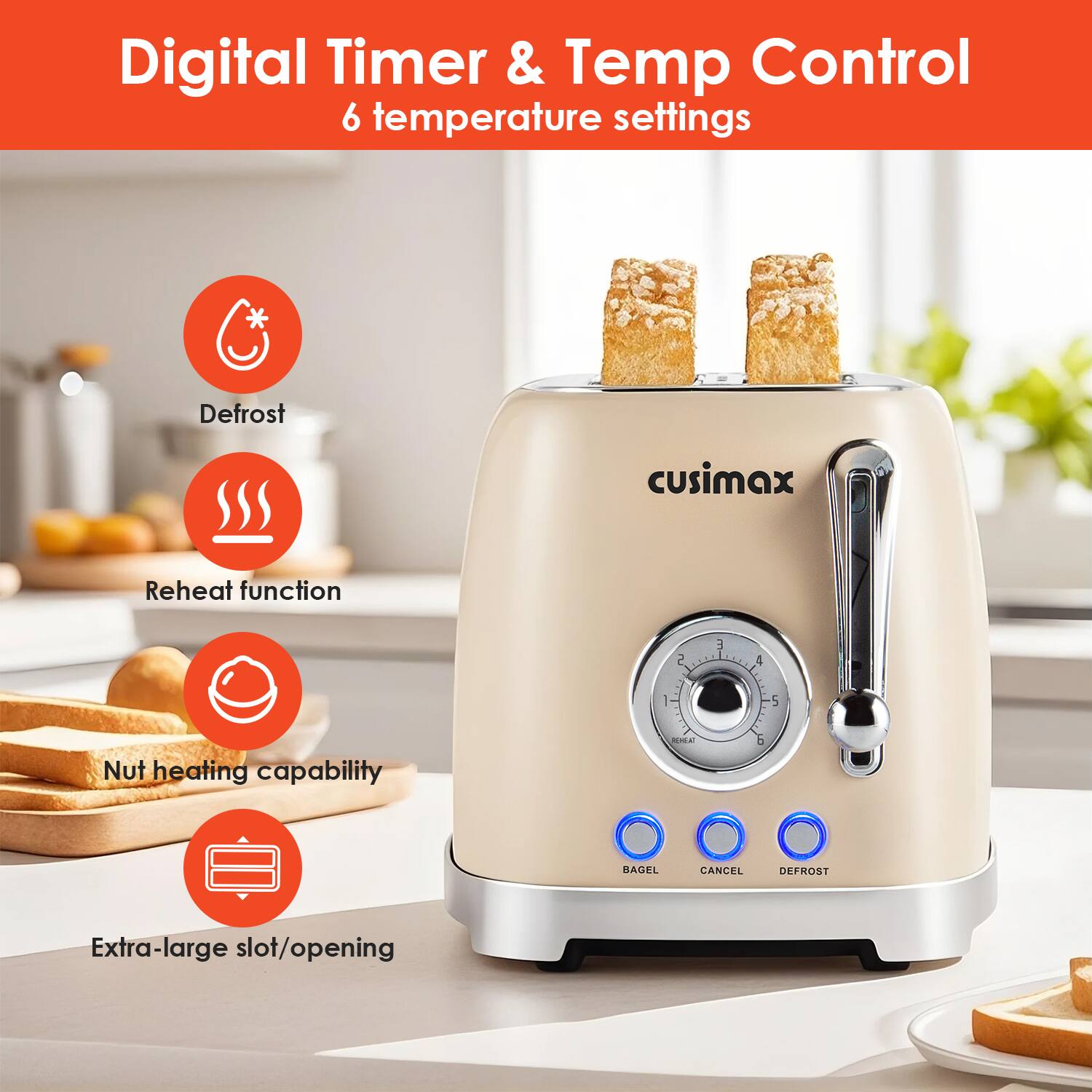 Digital Timer & Temp Control  
6 temperature settings  

- Defrost  
- Reheat function  
- Nut heating capability  
- Extra-large slot/opening  

Buttons:  
- BAGEL  
- CANCEL  
- DEFROST