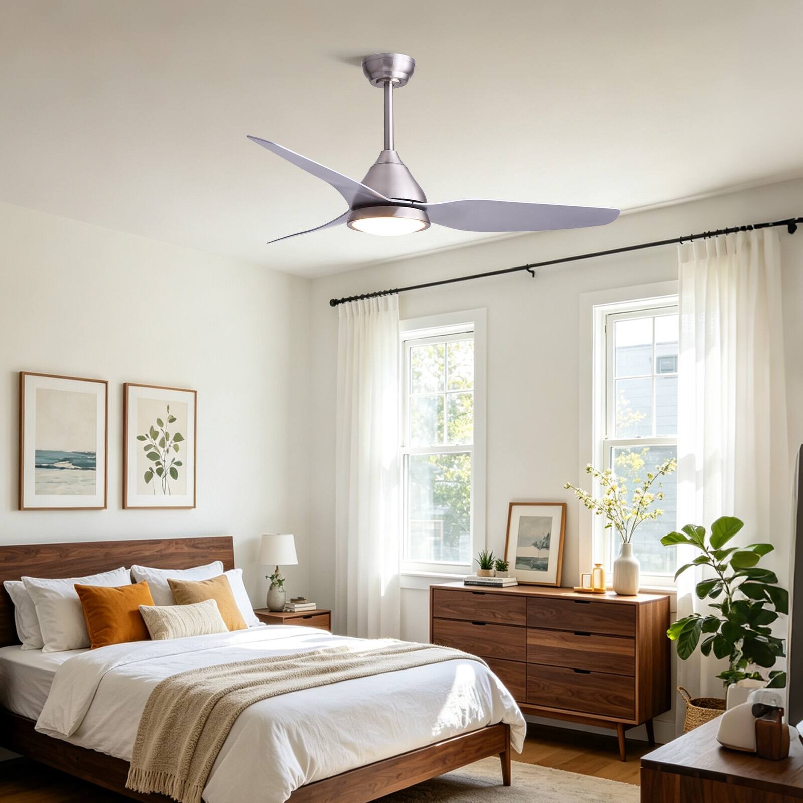 Back. Siljoy - 52 Inch 3 Blade Brushed Nickel ABS Modern Ceiling Fan with Dimmable LED Light for Bedroom Living Room - Brushed Nickel.