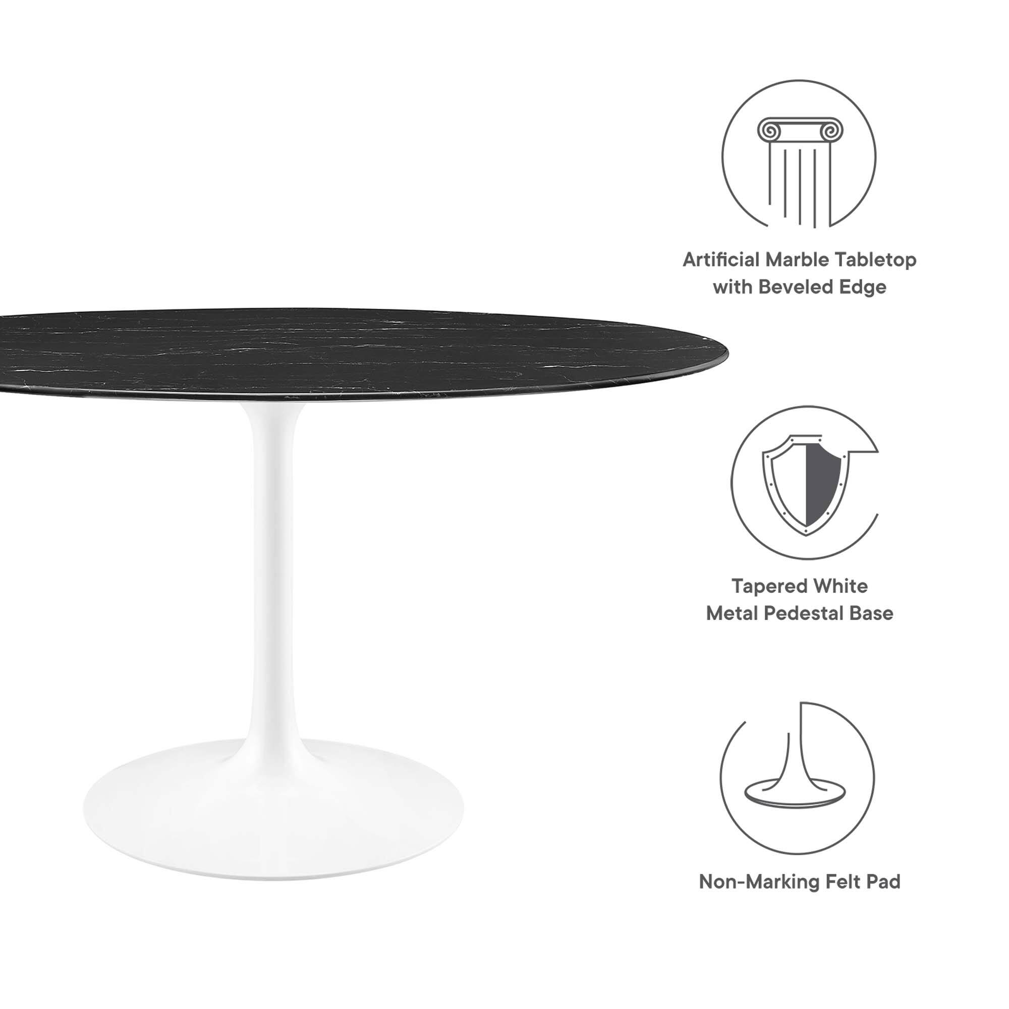 Artificial Marble Tabletop with Beveled Edge  
Tapered White Metal Pedestal Base  
Non-Marking Felt Pad