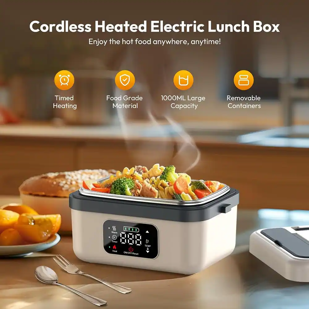 Cordless Heated Electric Lunch Box  
Enjoy the hot food anywhere, anytime!  

- Timed Heating  
- Food Grade Material  
- 1000ML Large Capacity  
- Removable Containers