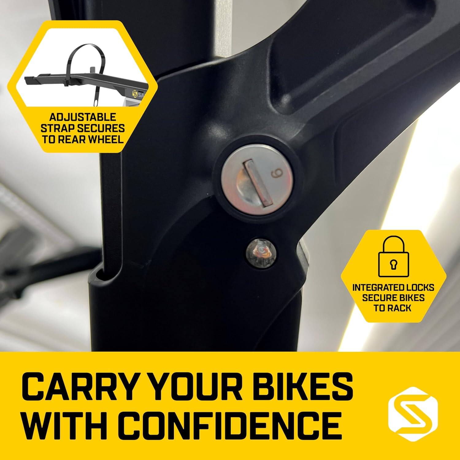 CARRY YOUR BIKES WITH CONFIDENCE
ADJUSTABLE STRAP SECURES TO REAR WHEEL
INTEGRATED LOCKS SECURE BIKES TO RACK