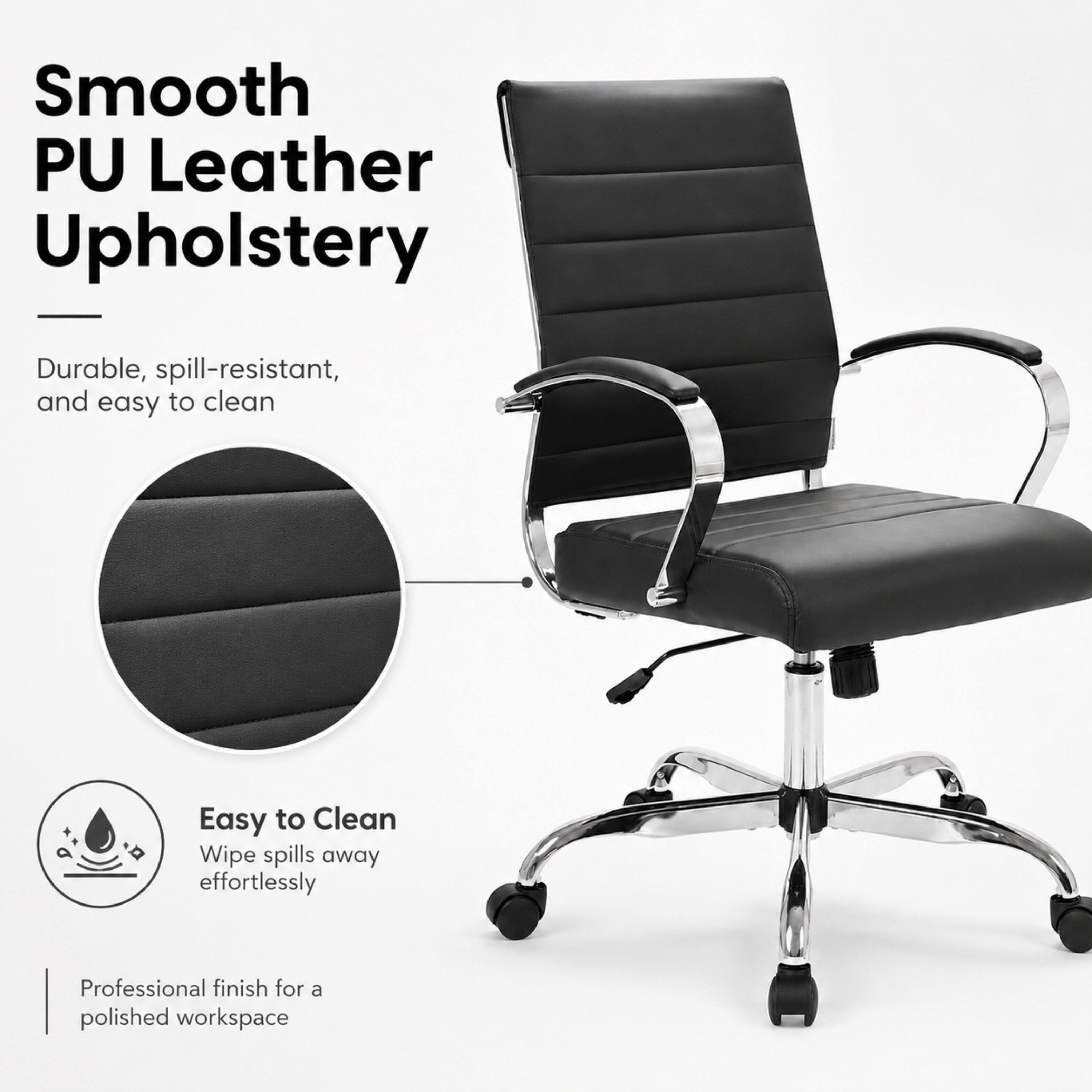 Smooth PU Leather Upholstery

Durable, spill-resistant, and easy to clean

Easy to Clean
Wipe spills away effortlessly

Professional finish for a polished workspace