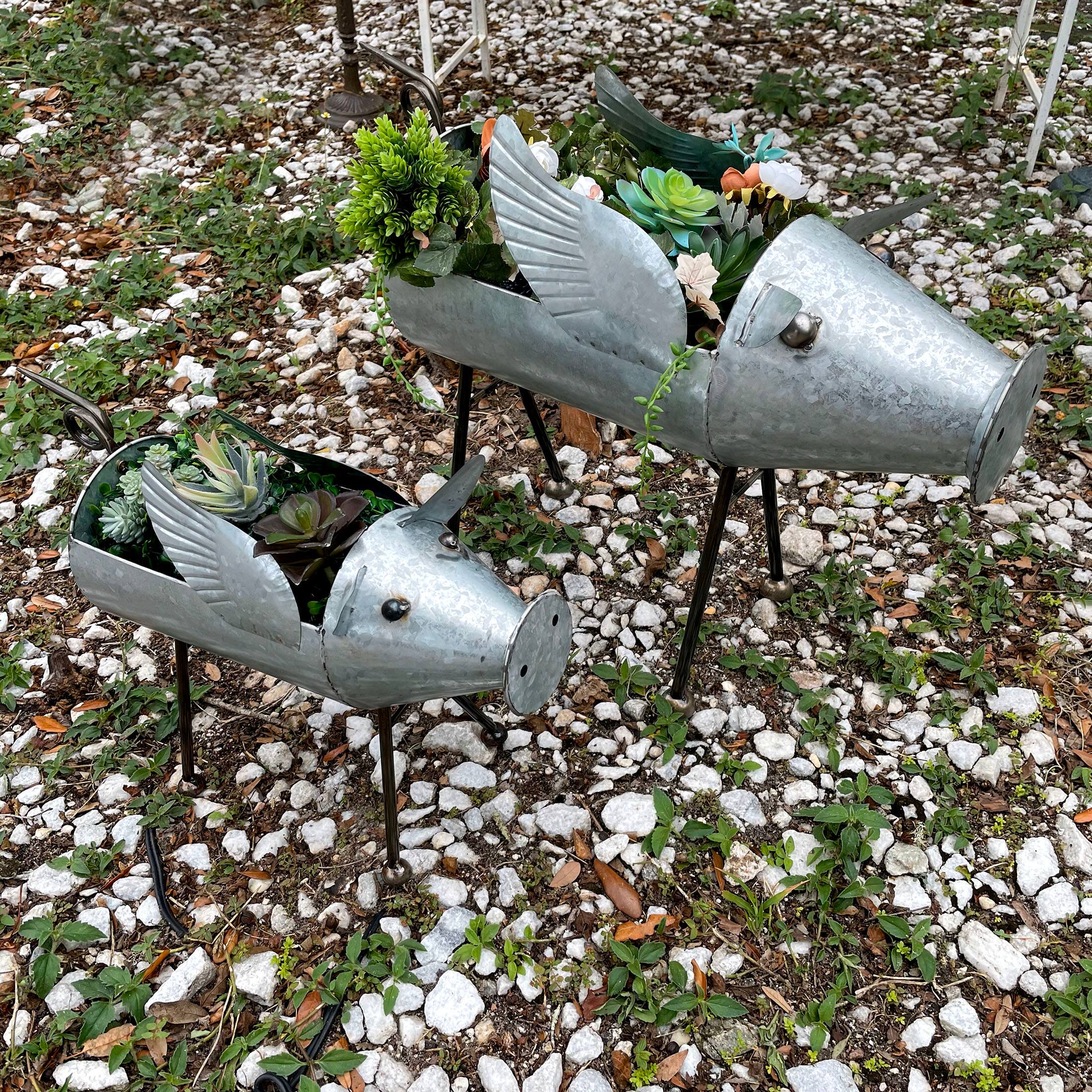 Zeckos Set of 2 Flying Pig Planters Distressed Metal Whimsical