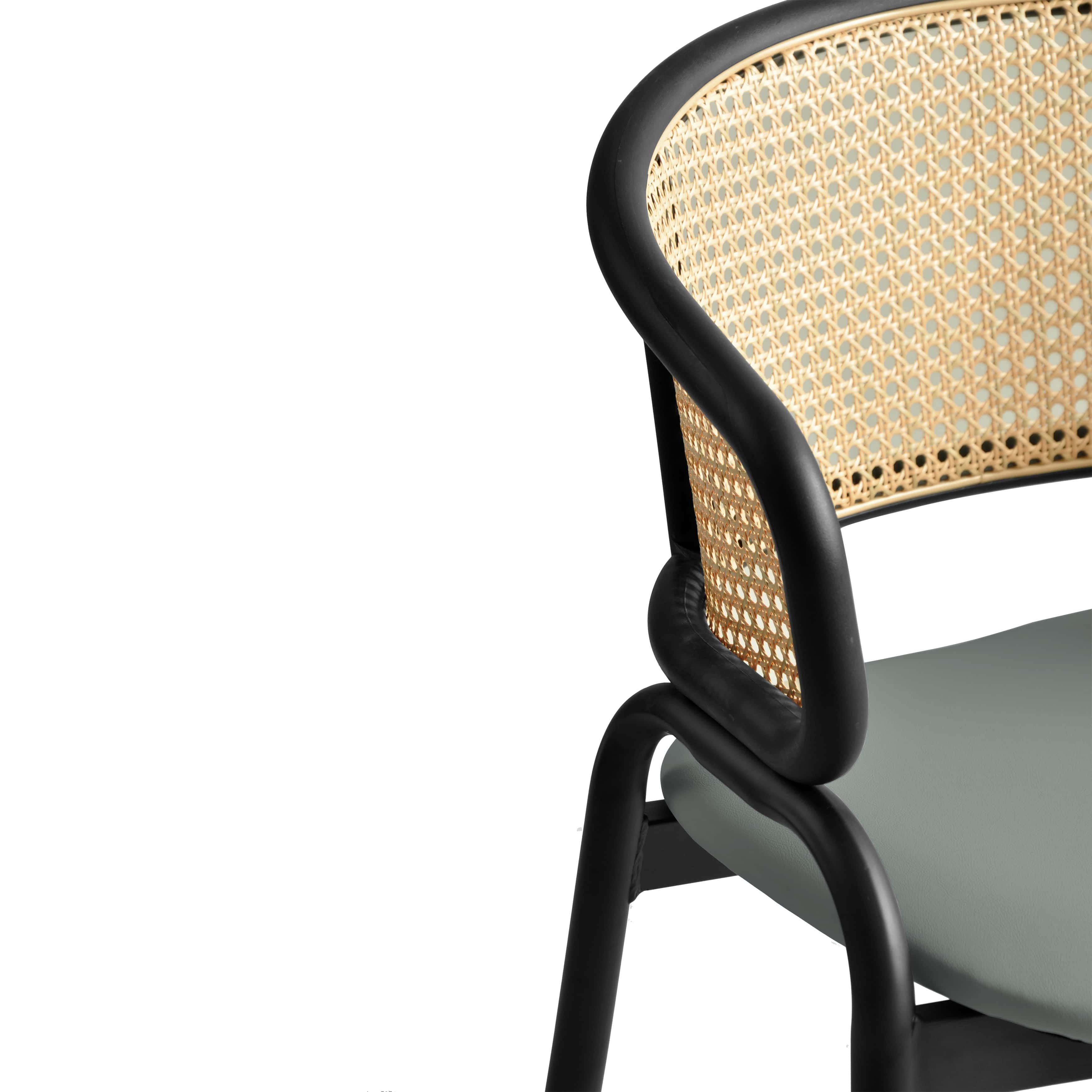 Alt View 7. LeisureMod - Ervilla Modern Rattan Dining Chair, Leather Upholstered Kitchen Side Accent Chair with Black Metal Frame - Grey.