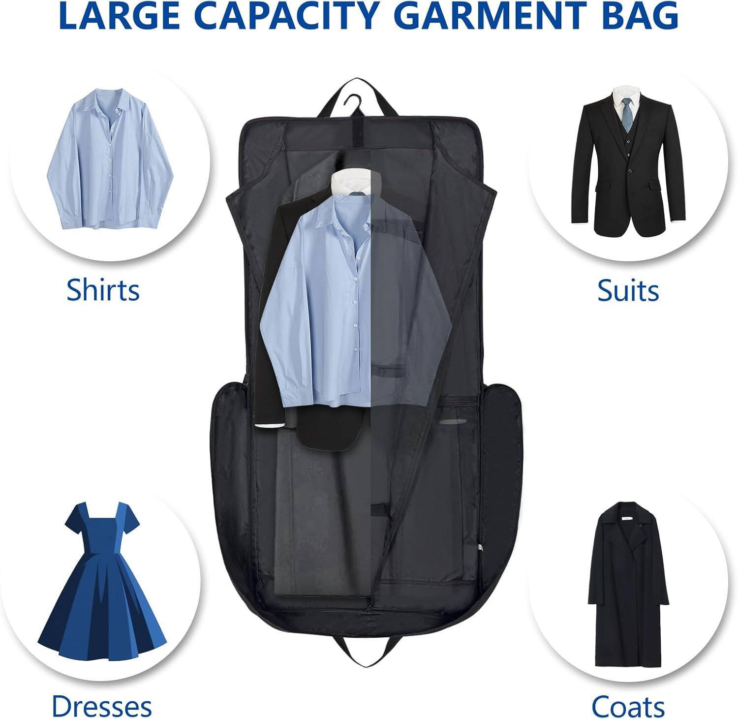 LARGE CAPACITY GARMENT BAG

- Shirts
- Suits
- Dresses
- Coats
