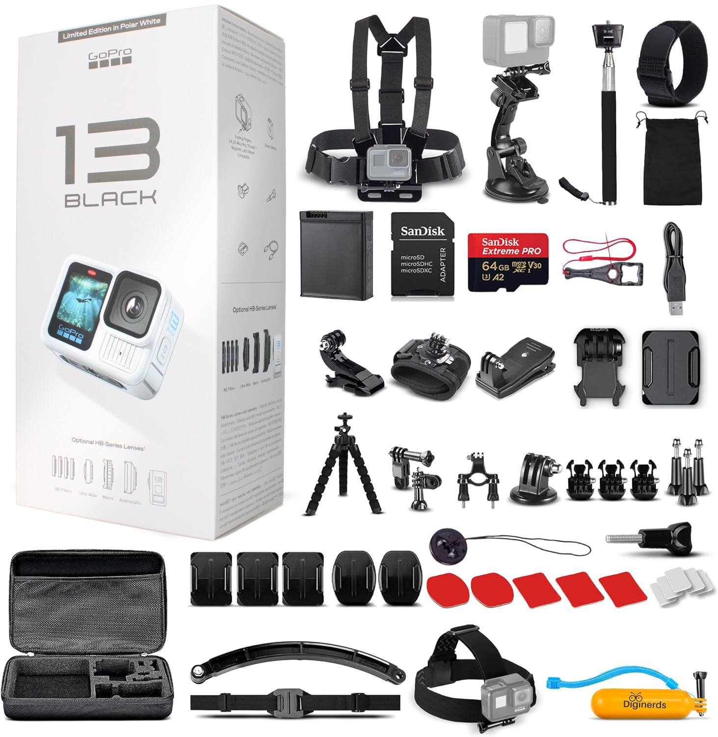 GoPro - HERO13 (Polar White) - Waterproof Action Camera + 64GB Card and 50 Piece Accessory Kit