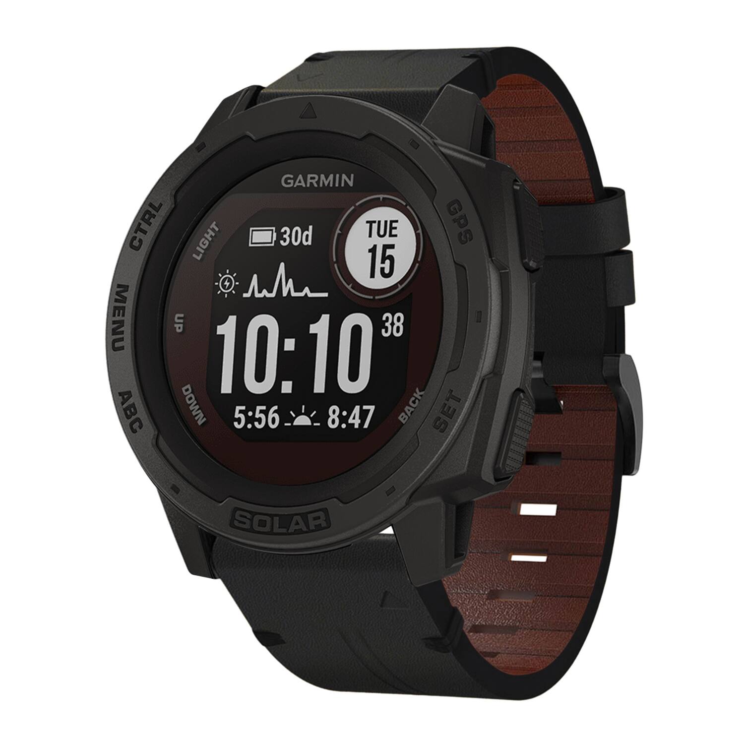 GARMIN  
CTRL TUE 15 LIGHT 30d 2 15 + MENU UP 10:10' 38 ABC DOWN 5:56 8:47 BACK SET SOLAR