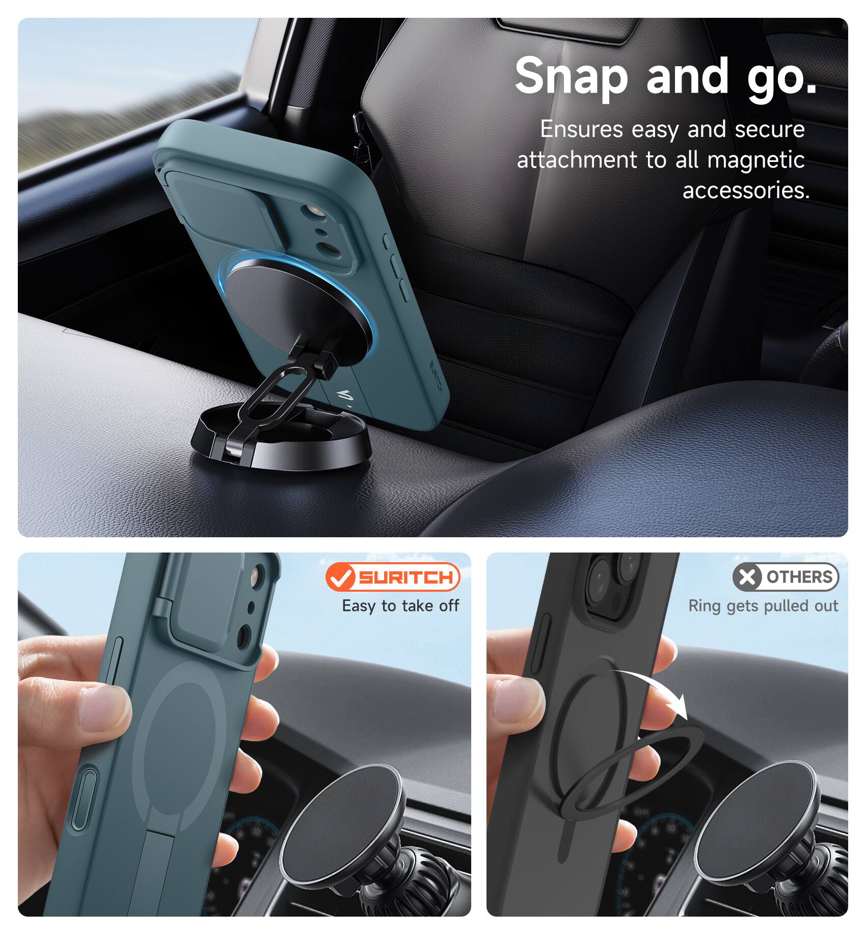 Snap and go.  
Ensures easy and secure attachment to all magnetic accessories.  

SURITCH  
Easy to take off  

OTHERS  
Ring gets pulled out