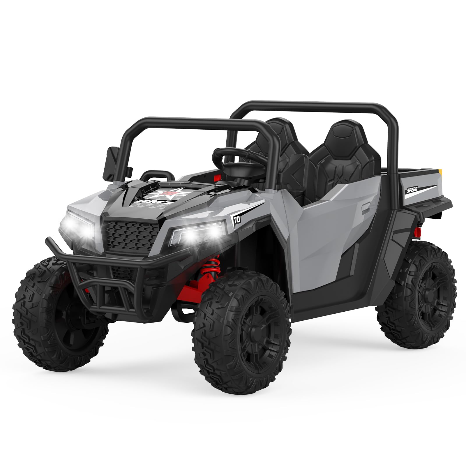 Front. GARVEE - 24V Electric Ride-On Dump Truck, 2-Seater 4WD Remote Control, Dump Bed, Shovel, LED Lights, Bluetooth - Grey.