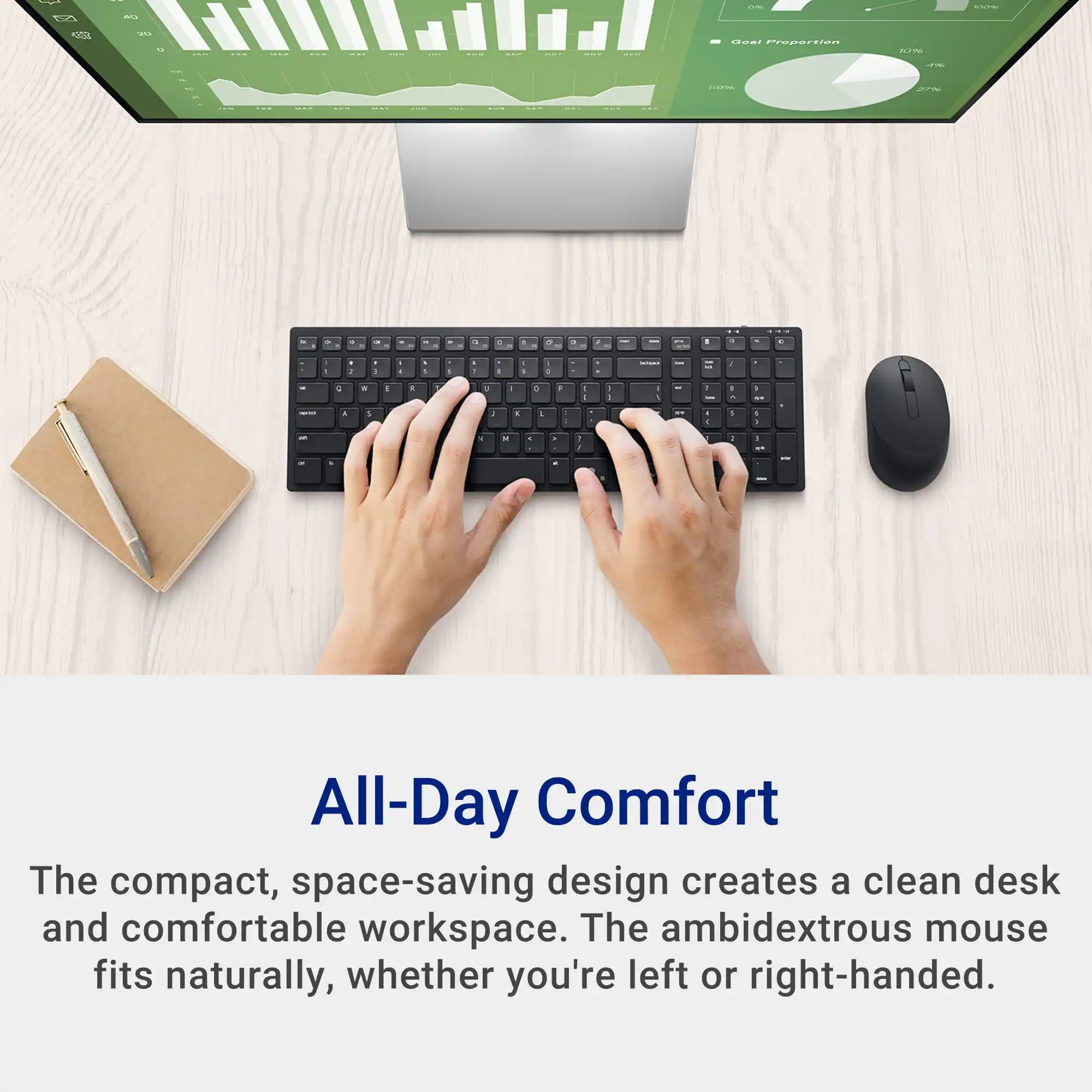 All-Day Comfort

The compact, space-saving design creates a clean desk and comfortable workspace. The ambidextrous mouse fits naturally, whether you're left or right-handed.