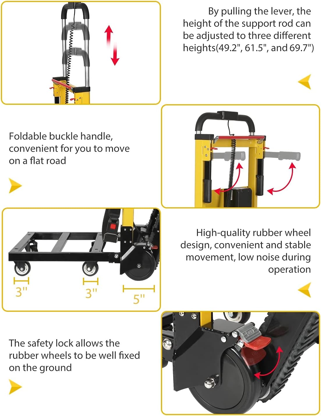 By pulling the lever, the height of the support rod can be adjusted to three different heights (49.2", 61.5", and 69.7").

Foldable buckle handle, convenient for you to move on a flat road.

High-quality rubber wheel design, convenient and stable movement, low noise during operation.

The safety lock allows the rubber wheels to be well fixed on the ground.