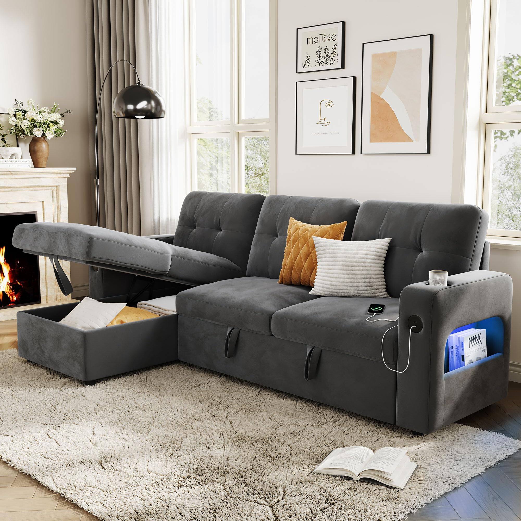 Alt View 1. Babevy - 84" L-Shaped Sleeper Sofa, Convertible Pull-Out Bed w/Storage Chaise, Charging Station & LED Lights - Gray.