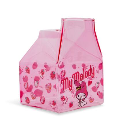 Front. Silver Buffalo - Sanrio My Melody Strawberry Glass Milk Carton | Holds 12 Ounces - Multi-Colored.